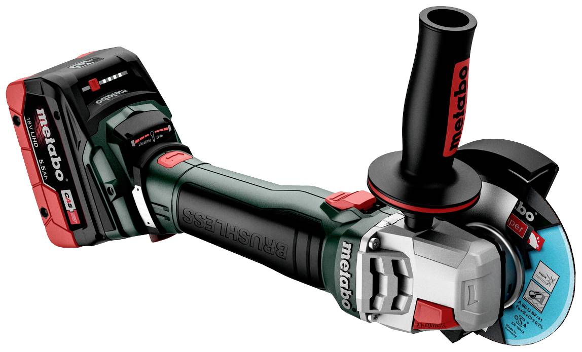 Akkubetriebener Winkelschleifer mit schwarzem Griff und rotem Schalter. Akku und Schleifscheibe sind sichtbar. Geeignet für Bauarbeiten.