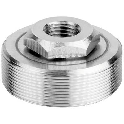 Rundes, silberfarbenes Metallteil mit geriffeltem Rand und zentralem Gewinde. Verwendet für Befestigungszwecke.