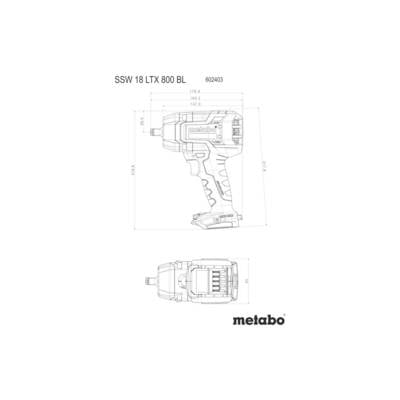 'Technische Zeichnung eines Metabo SSW 18 LTX 800 BL Schlagschraubers, mit Abmessungen und Modellnummer 602403.'