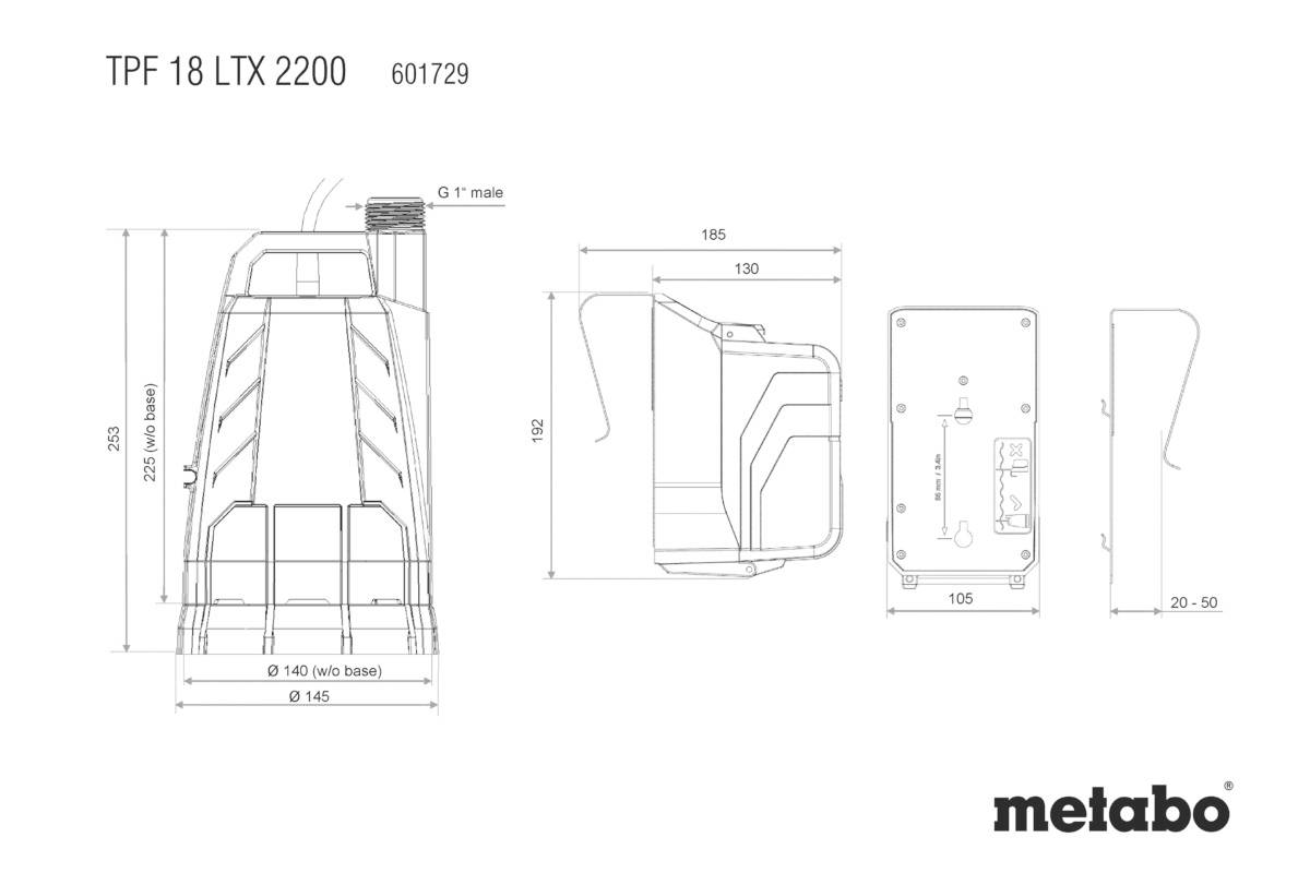 'Technische Zeichnung der TPF 18 LTX 2200 von Metabo. Zeigt Abmessungen und Details der Konstruktion in verschiedenen Ansichten.'