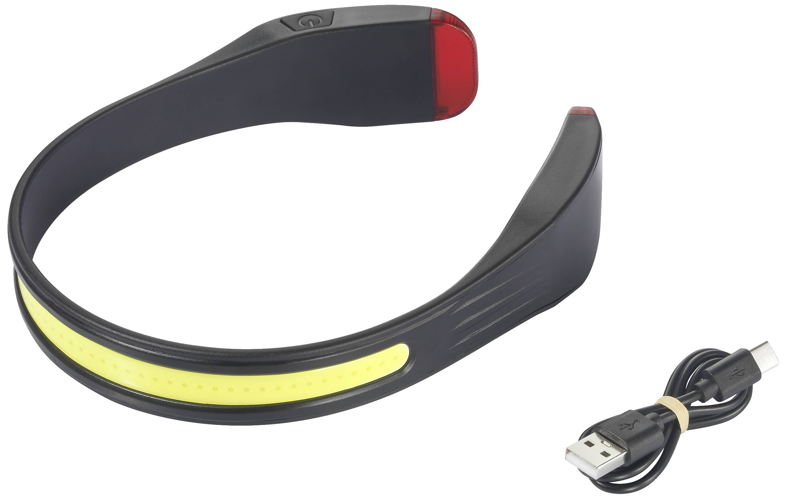 Schwarzes LED-Stirnband mit gelbem Lichtstreifen und rotem Rücklicht, inklusive USB-Ladekabel. Ideal für Outdoor-Aktivitäten.