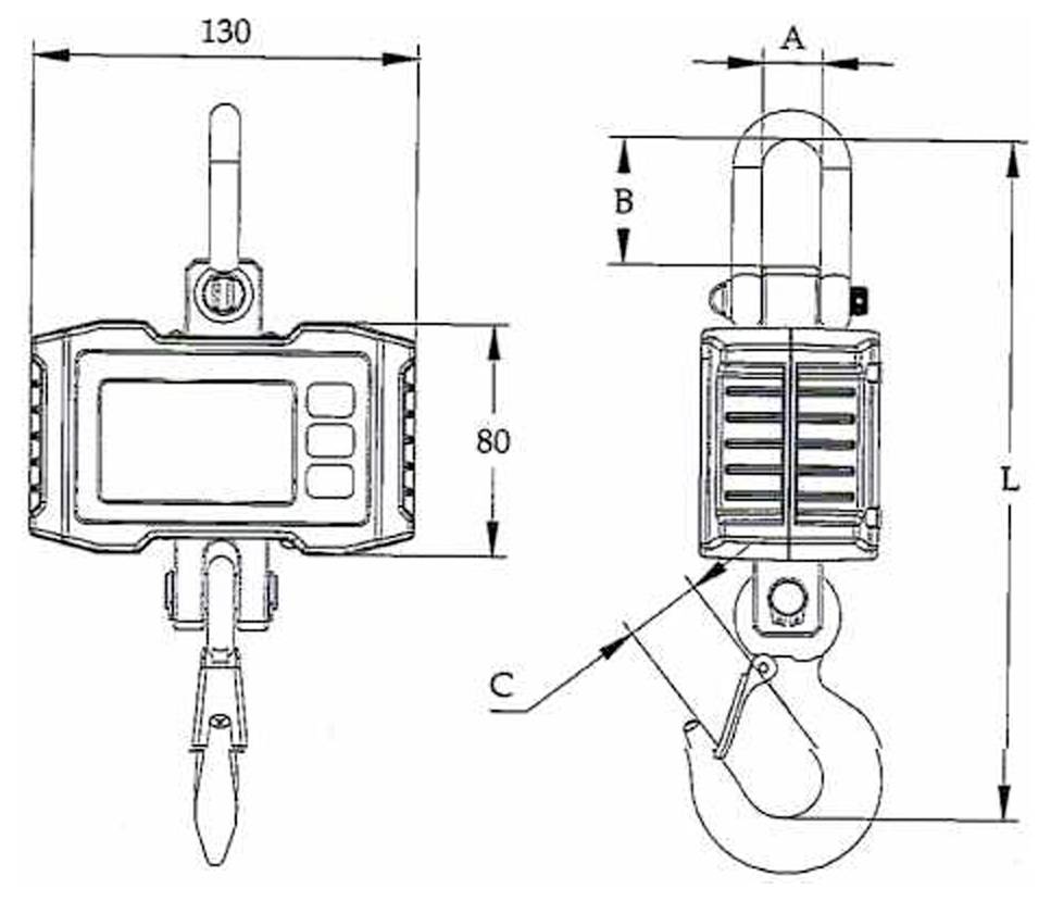Technische Strichzeichnung einer digitalen Hängekranwaage mit Haken und Schäkel, zeigt Vorder- und Seitenansicht mit gekennzeichneten Abmessungen 130, 80, A, B, C und L.