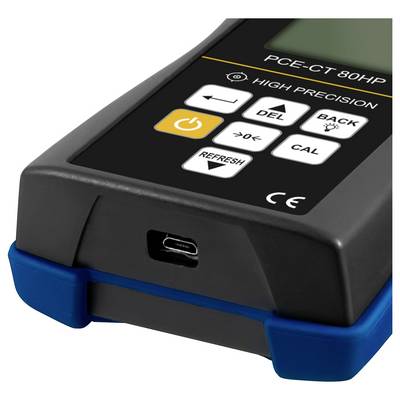Kompaktes schwarz-blaues elektronisches Gerät mit kleinem Bildschirm und Steuertasten mit den Beschriftungen „DEL", „BACK", „CAL" und „REFRESH", gekennzeichnet mit „PCE-CT 80HP" und „HIGH PRECISION".