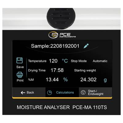 Feuchtemessgerät-Bildschirm zeigt Probe 2208192001 mit Temperatur 120°C, Trocknungszeit 17:58, Feuchte 13,44% und Startgewicht 24,302 g.