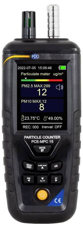 Tragbares Partikelzählgerät-Display zeigt PM2,5 max 299 und PM10 max 12, mit Temperatur 23,75°C und Luftfeuchtigkeit 49,00%; Aufzeichnung aus.