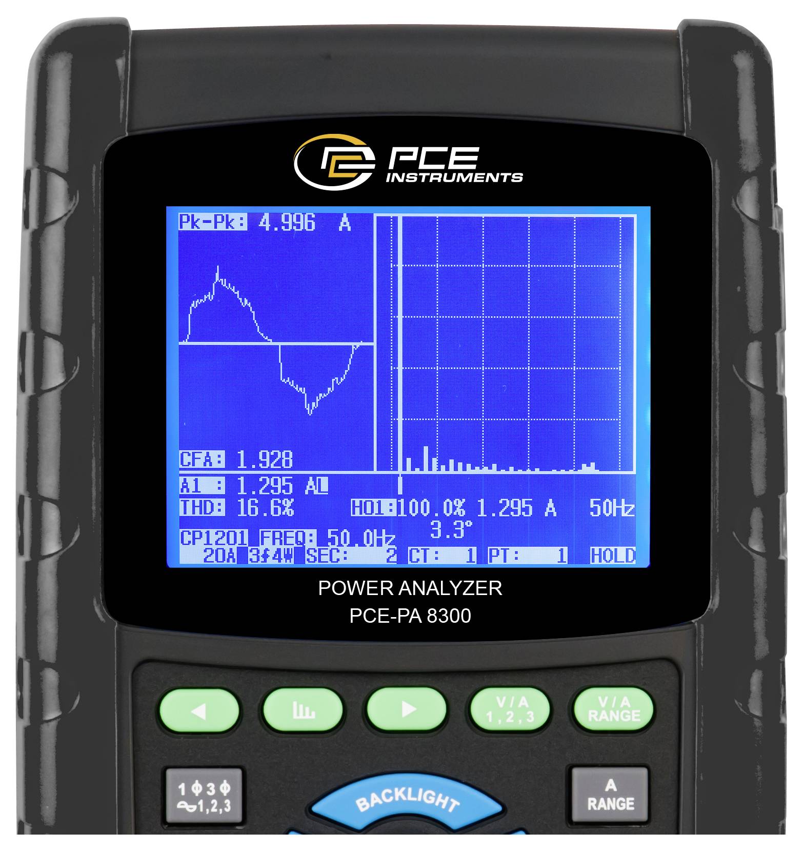 Handheld-Leistungsanalysator von PCE Instruments mit blauem Display, das Wellenform und Messwerte zeigt, darunter „Pk-Pk 4.996 A“ und „THD 16.6%“.