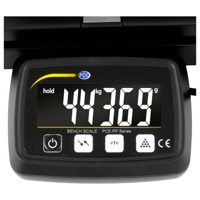 Digitale Bankwaage mit Anzeige von "hold" und einer Anzeige von 44 kg 369 g auf einer PCE-Waage.