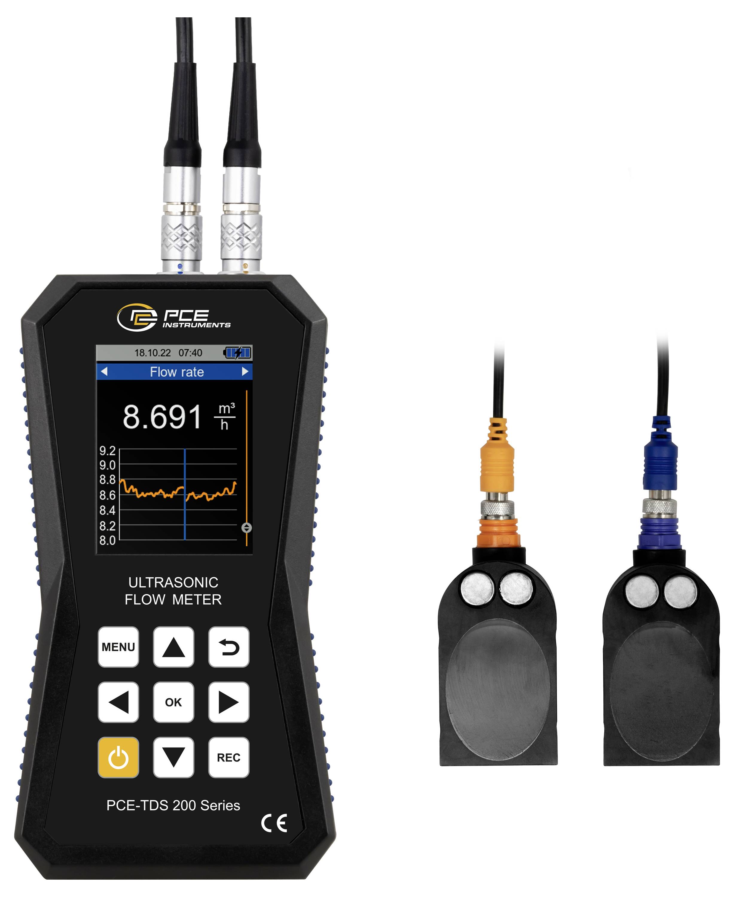 Tragbares Ultraschall-Durchflussmessgerät mit Bildschirm, der eine Durchflussrate von 8,691 m³/h anzeigt, plus zwei Sensorsonden mit orange- und blauem Anschluss.