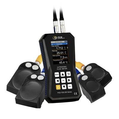 Tragbares Ultraschall-Durchflussmessgerät mit vier aufsetzbaren Sensoren und digitaler Anzeige für Strömungsgeschwindigkeit, Durchflussrate, Wärmemenge und Temperatur.