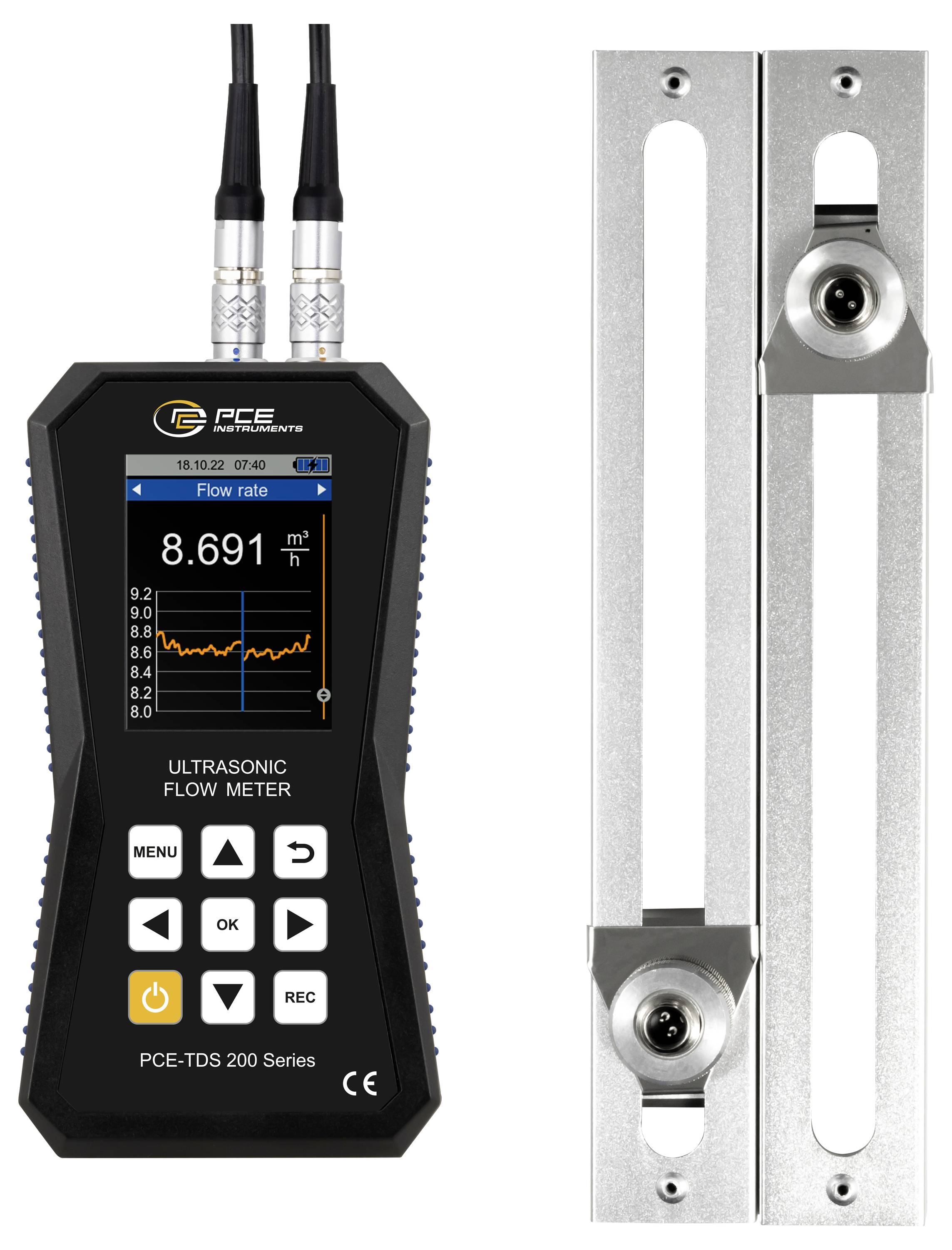 Tragbares Ultraschall-Durchflussmessgerät mit Display, das eine Durchflussrate von 8,691 m³/h anzeigt, neben zwei Sensorklemmen.