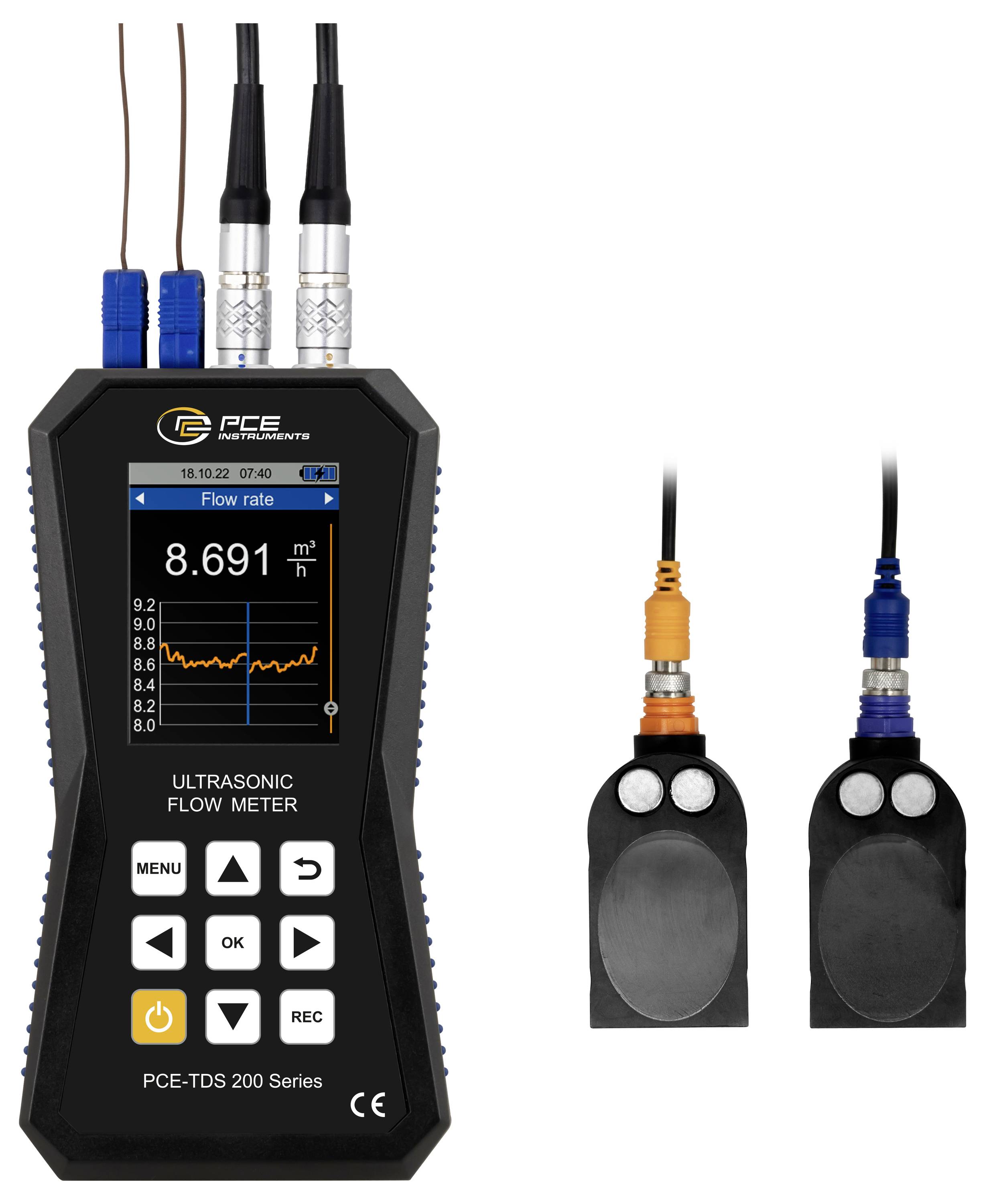 PCE-Ultraschall-Durchflussmessgerät mit Farbdisplay, das eine Durchflussrate von 8,691 m³/h anzeigt, plus zwei daneben abgebildete Anschlusssensorsonden.