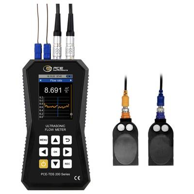 PCE-Ultraschall-Durchflussmessgerät mit Farbdisplay, das eine Durchflussrate von 8,691 m³/h anzeigt, plus zwei daneben abgebildete Anschlusssensorsonden.