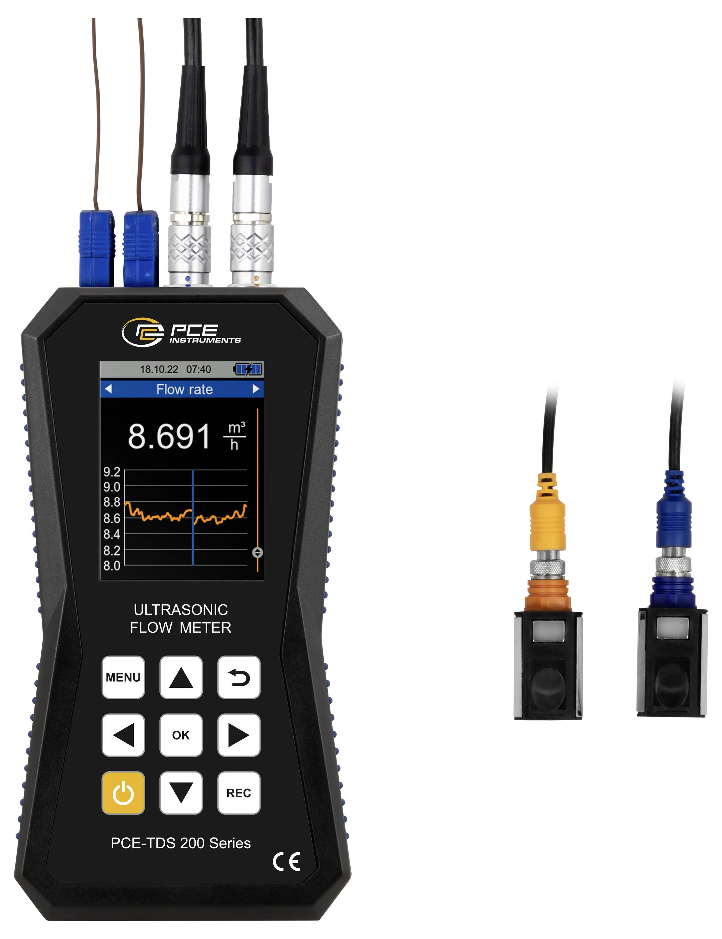 Tragbares Ultraschall-Durchflussmessgerät mit Bildschirm, der „Durchflussrate" 8,691 m³/h anzeigt, Tastatur und zwei daneben dargestellte verbundene Sensoren.