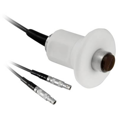 Medizinische Sensorsonde mit rundem weißem Kopf und angeschlossenem Kabel, dargestellt mit zwei kleinen Steckverbindern darunter.