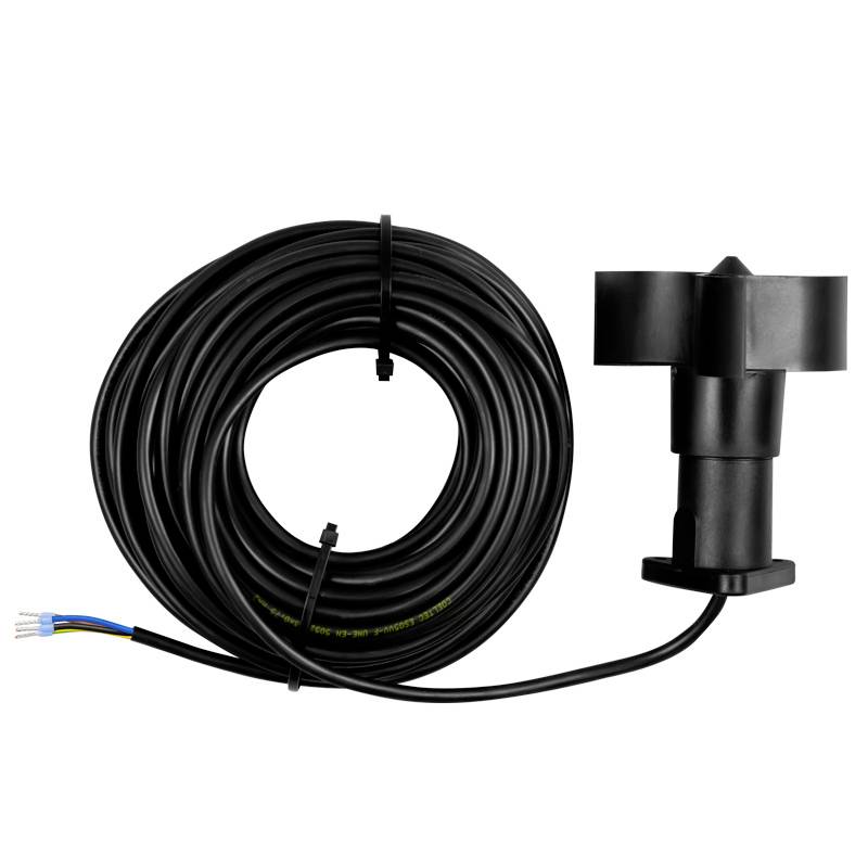 Schwarzer Rotor mit langem Kabel, wahrscheinlich ein Anemometer, zur Messung von Windgeschwindigkeit oder -richtung.