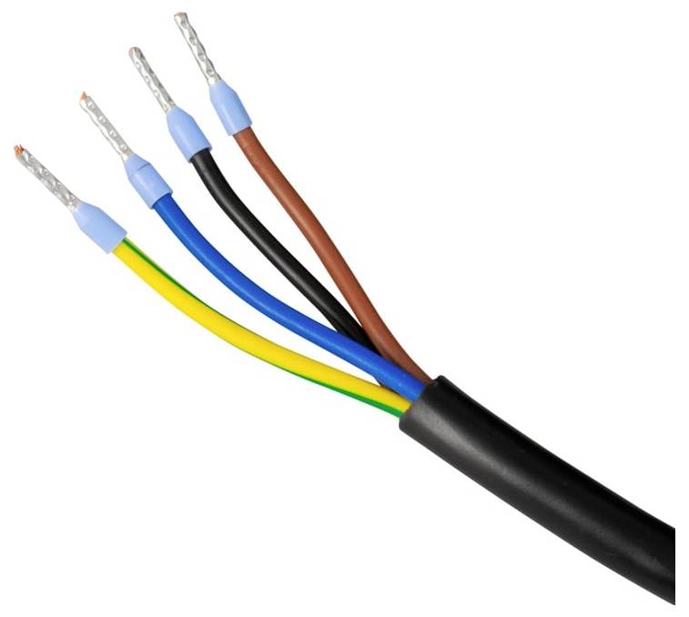 Fünfadriges Elektrokabel mit freiliegenden Drahtenden: braun, schwarz, blau, gelb-grün und ein weiterer blauer Leiter.