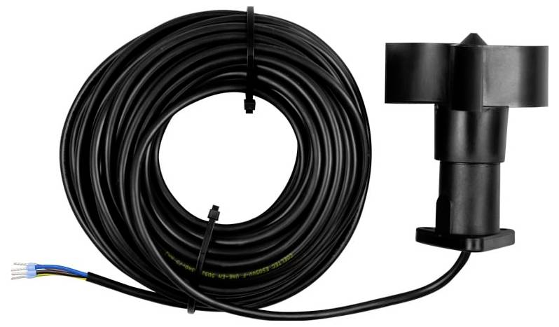 Aufgerolltes schwarzes Kabel mit einem fächerförmigen schwarzen Sensor oder Stecker, dargestellt auf weißem Hintergrund.