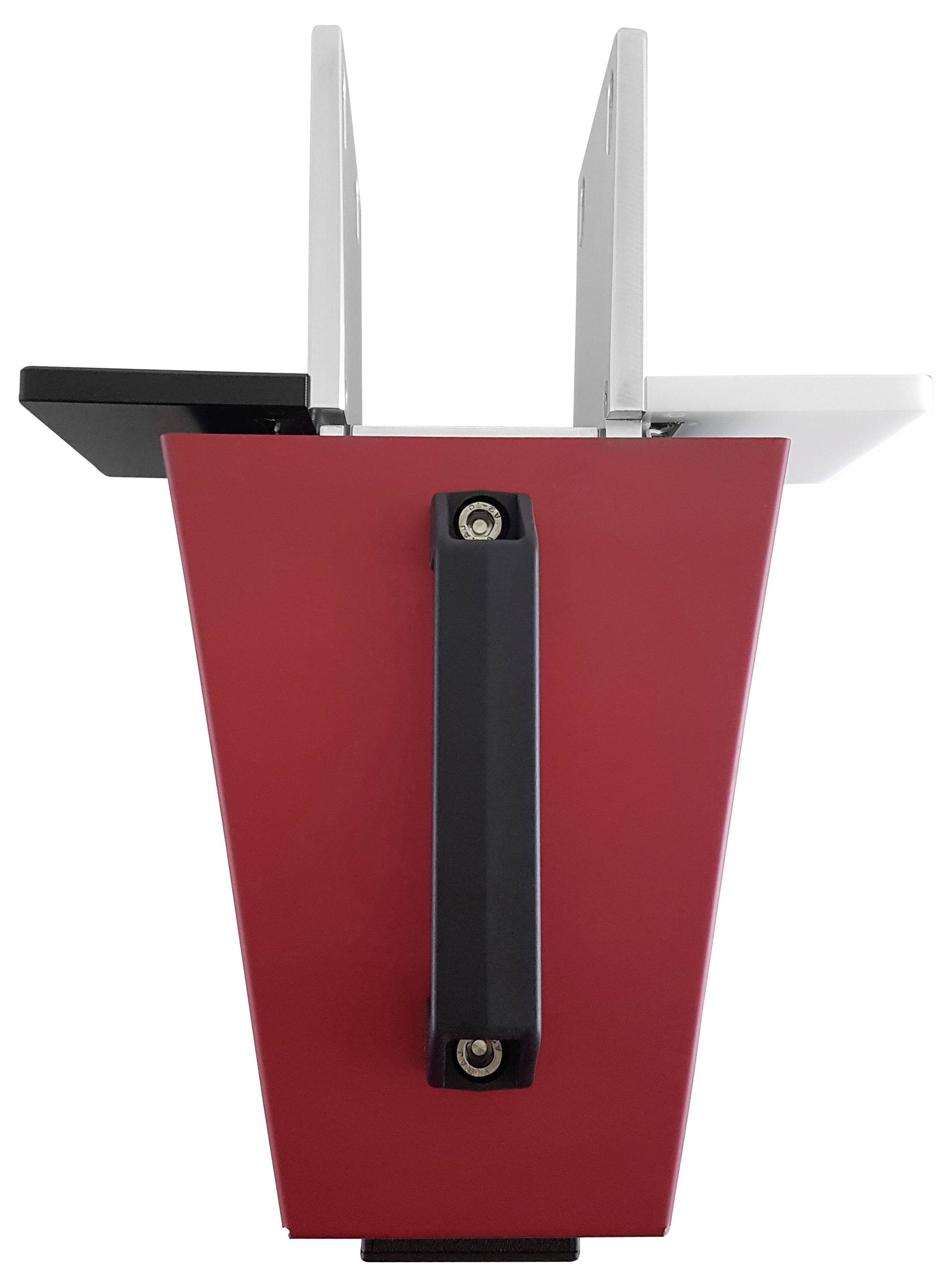 Roter wandmontierter Metallbriefkasten mit vorderem Griffgriff, shown gegen weißen Hintergrund.