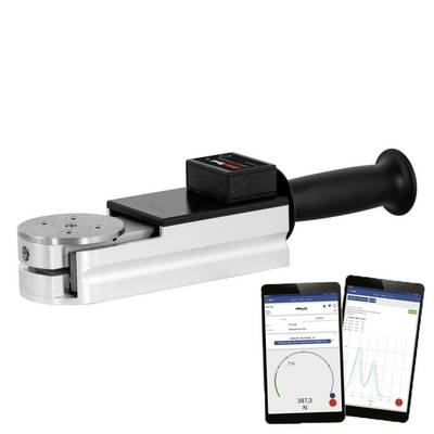 Tragbares digitales Kraftmessgerät mit Zuggriff und zwei Smartphone-App-Bildschirmen, die Kraftmessungen und Graphdaten anzeigen.