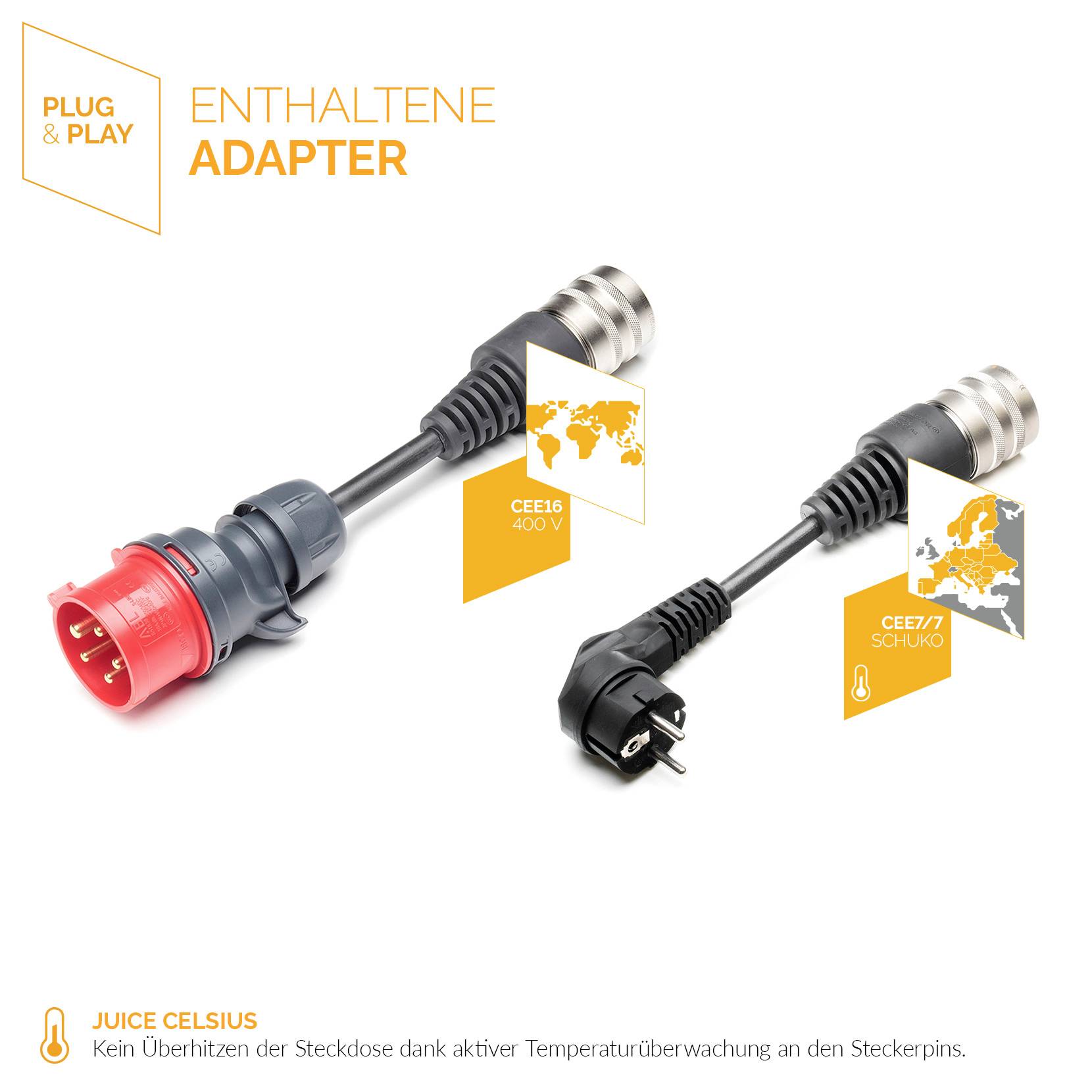 'Zwei Adapter: Links CEE16 400V-Stecker, rechts CEE7/Schuko-Stecker. Hinweis: Plug & Play, keine Überhitzung der Steckdosen.'