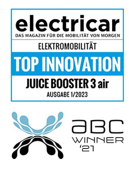 'Top Innovation' in Elektromobilität, Juice Booster 3 air, Ausgabe 1/2023, elektricar Magazin. Gewinner des ABC 2021.