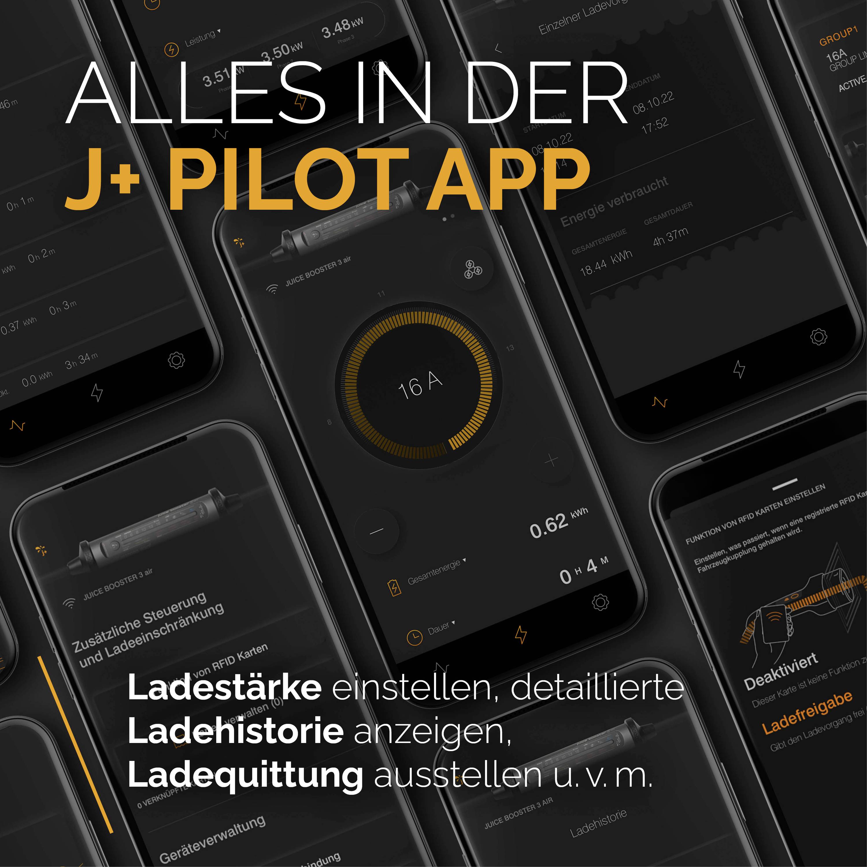 Die Abbildung zeigt mehrere Smartphone-Bildschirme mit der 'J+ Pilot App', die Ladeströme und Details anzeigt, darunter Ladehistorie und Ladequittung.