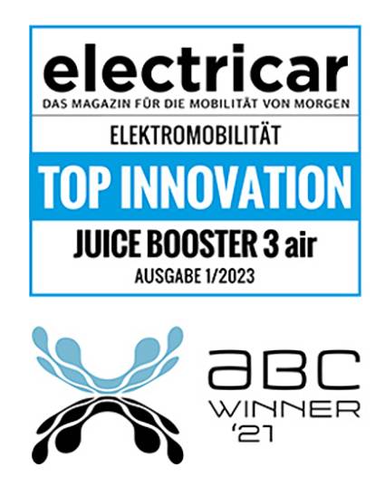 Logo der Zeitschrift 'electricar' mit dem Text 'Top Innovation. Juice Booster 3 air. Ausgabe 1/2023'. Darunter ABC Winner 2021.