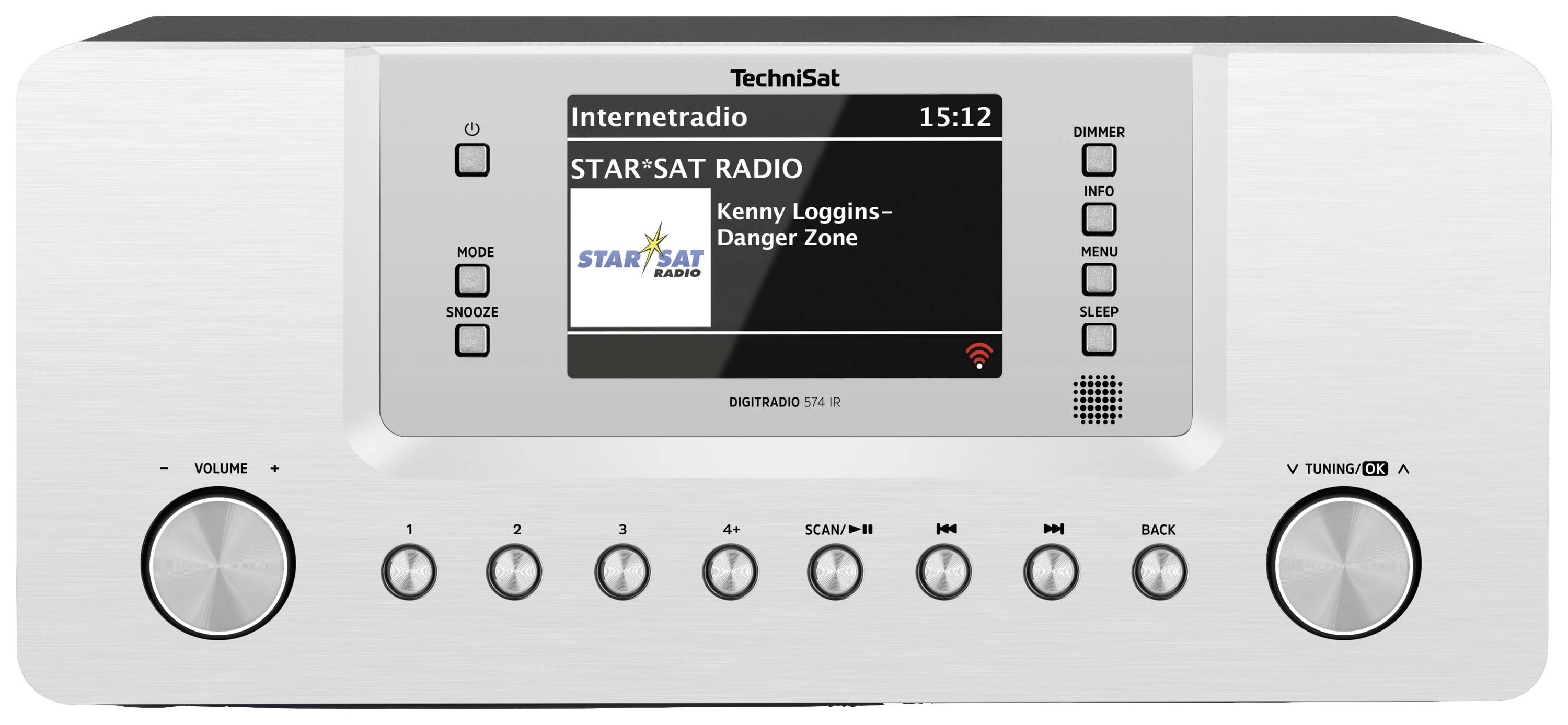 Ein Internetradio von TechniSat zeigt auf dem Bildschirm 'STAR'SAT RADIO - Kenny Loggins - Danger Zone'. Es ist 15:12 Uhr.
