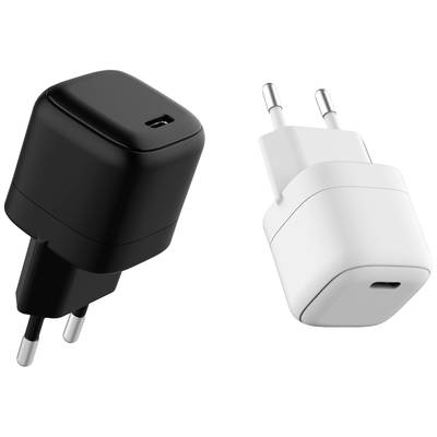 Schwarzes und weißes USB-Ladegerät mit zweipoligem Eurostecker.