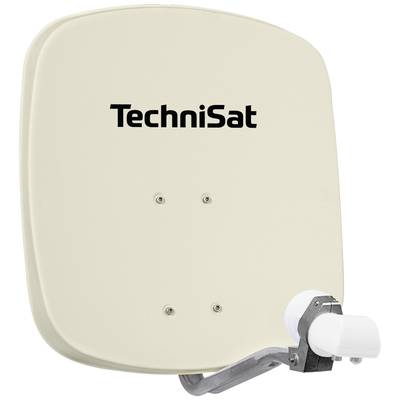TechniSat Satellitenschüssel in hellbeiger Farbe, geeignet für den Empfang von Satellitensignalen. Sie ist an einem Halter montiert.