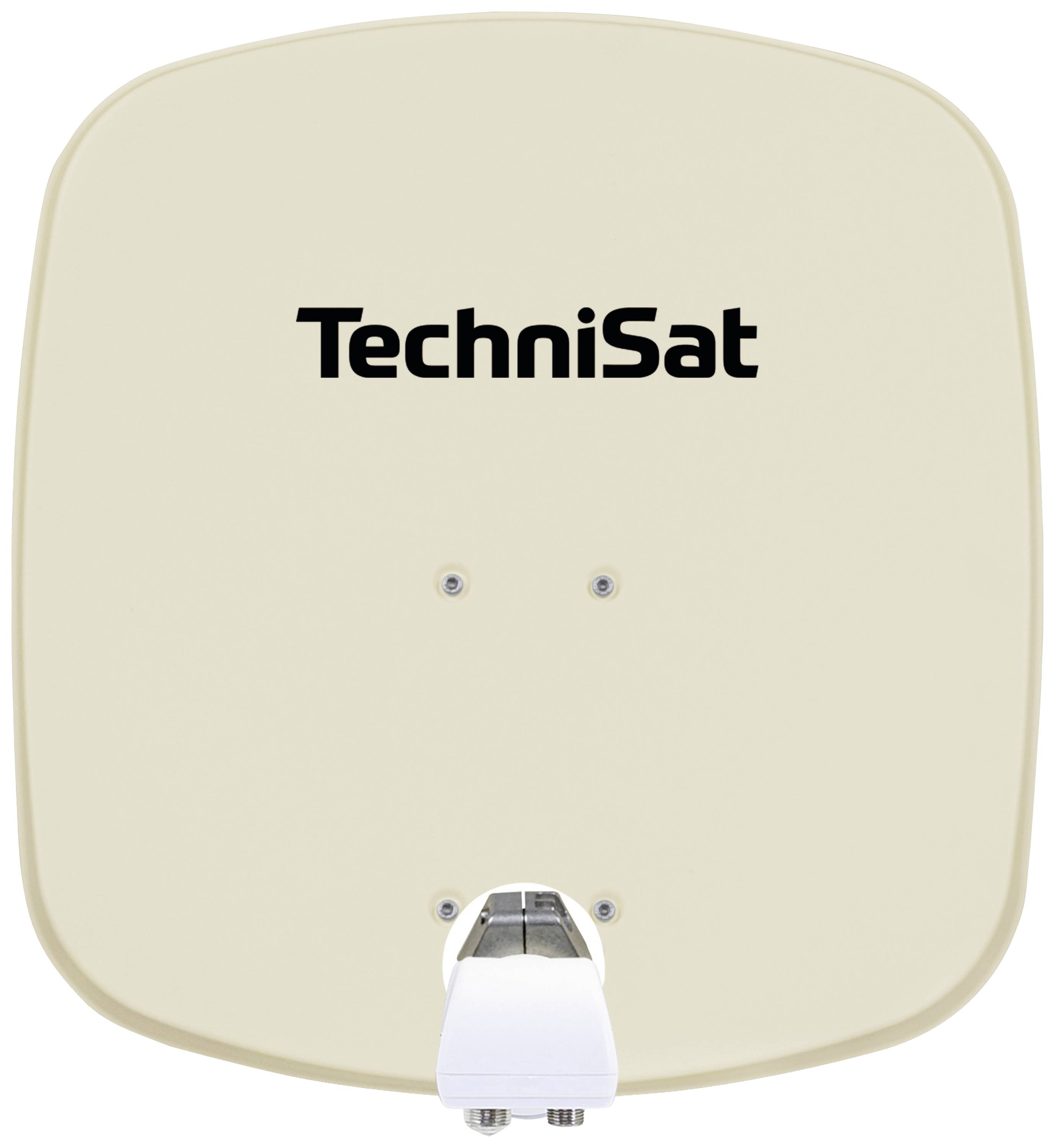 Eine beige Satellitenschüssel mit dem Aufdruck 'TechniSat' in schwarzer Schrift.
