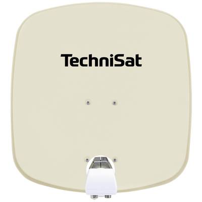 Eine beige Satellitenschüssel mit dem Aufdruck 'TechniSat' in schwarzer Schrift.