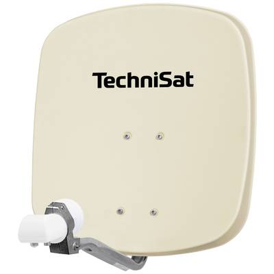 Beige Satellitenschüssel mit dem Aufdruck 'TechniSat', befestigt an einem Metallarm, vor weißem Hintergrund.