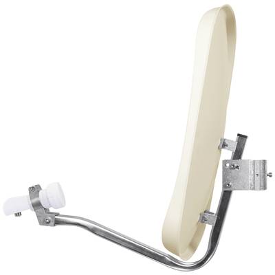 Ein weißes, ovales Satellitenparabol mit LNB auf einem Metallarm, bereit zur Installation.