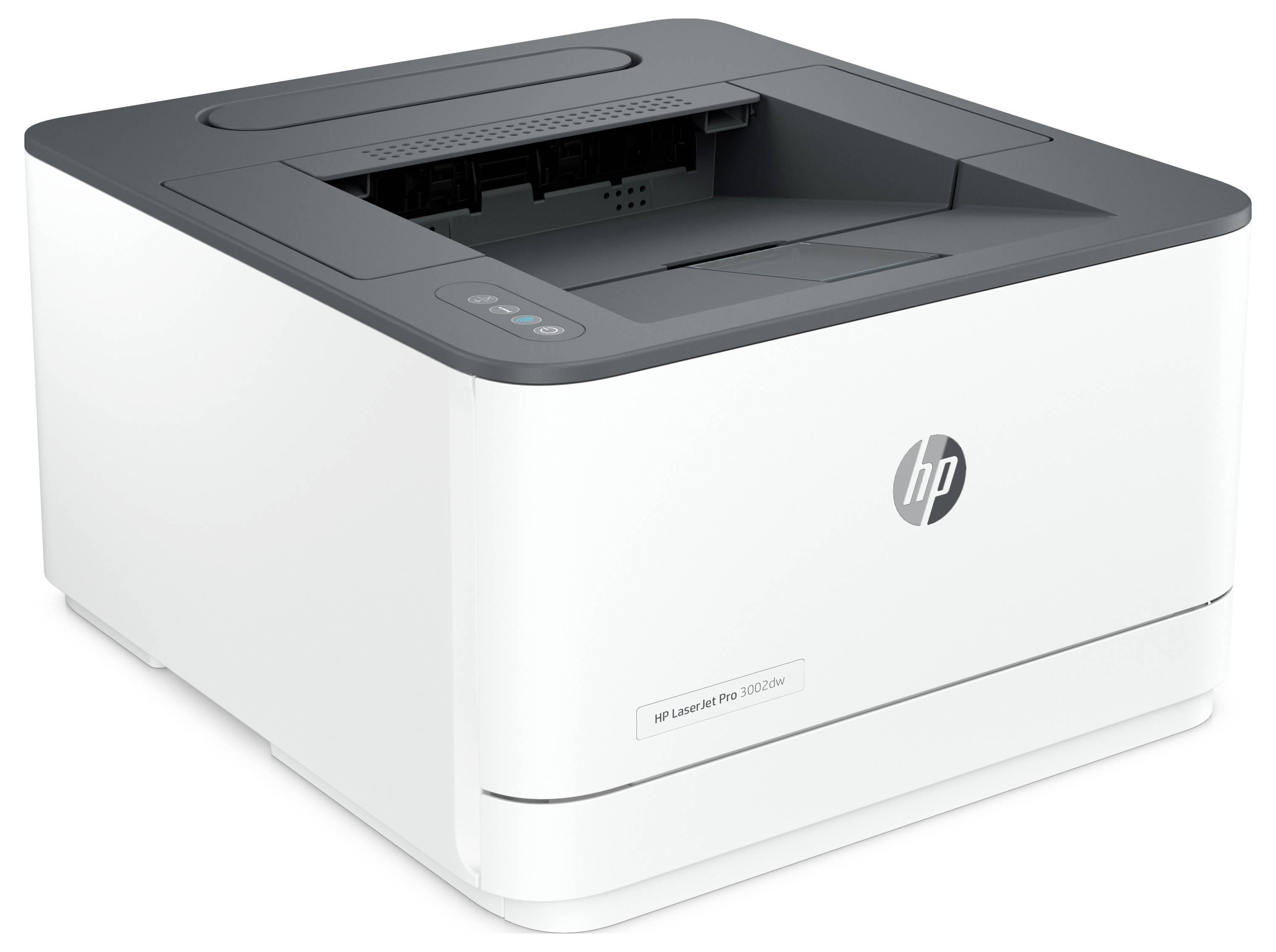 Weißer HP LaserJet Pro Drucker mit dunklem oberen Bedienfeld und Steuertasten in der vorderen linken Ecke.