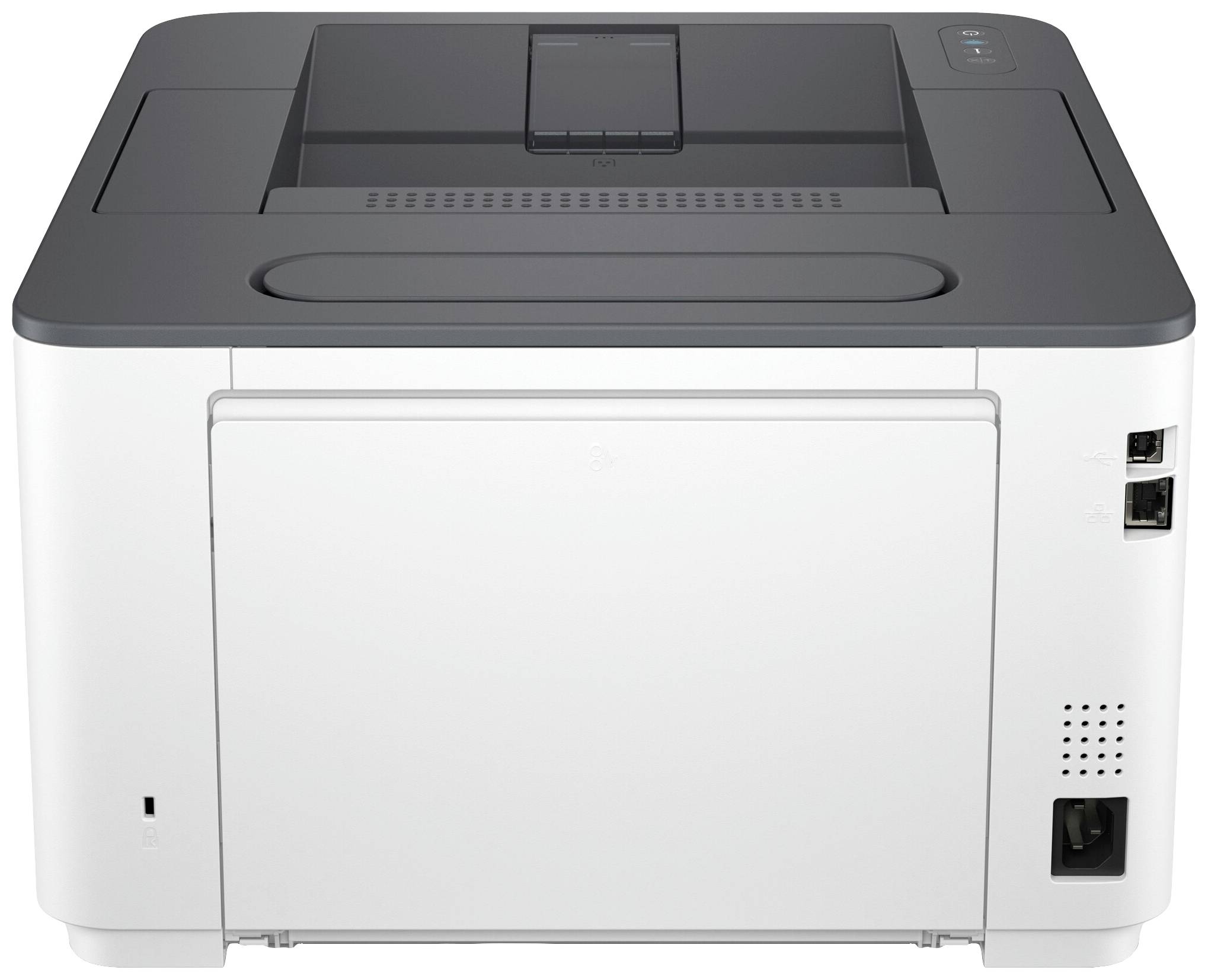 Ein moderner Laserdrucker in Schwarz-Weiß-Design, Ansicht von vorne. Er verfügt über einen USB- und Netzwerkanschluss auf der rechten Seite.