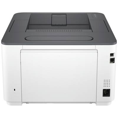 Ein moderner Laserdrucker in Schwarz-Weiß-Design, Ansicht von vorne. Er verfügt über einen USB- und Netzwerkanschluss auf der rechten Seite.