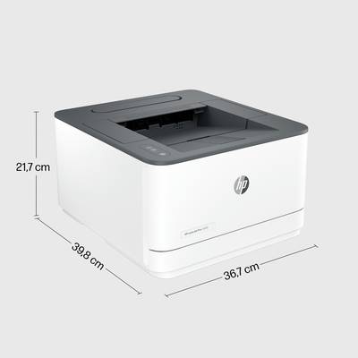 Ein weißer Drucker der Marke HP mit den Maßen: Breite 39,8 cm, Tiefe 36,7 cm und Höhe 21,7 cm, steht auf grauem Hintergrund.