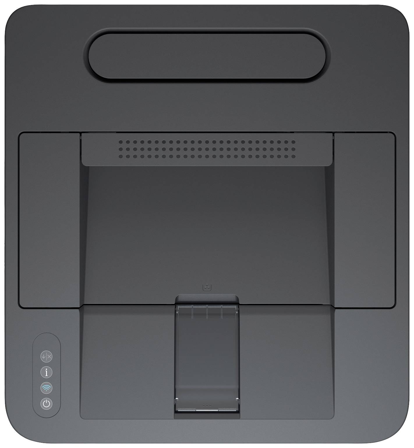 Schwarzer Drucker von oben, Papierausgabefach geschlossen, Kontrollelemente links sichtbar.