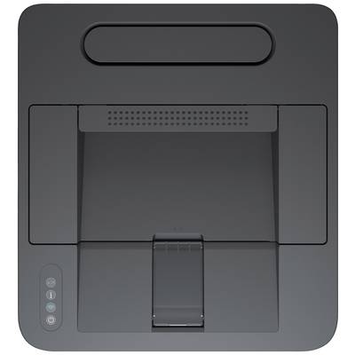 Schwarzer Drucker von oben, Papierausgabefach geschlossen, Kontrollelemente links sichtbar.