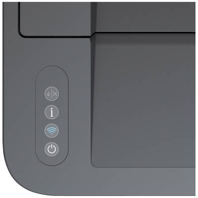 Tastenfeld eines Druckers mit Symbolen für Installation, Benutzerinformation, WLAN und Netzschalter.