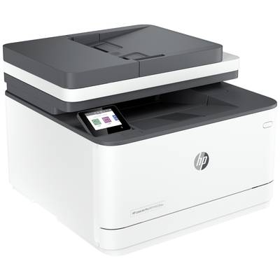 Ein weißer Multifunktionsdrucker mit schwarzem Deckel und eingebautem Display. Das HP-Logo ist auf der Vorderseite sichtbar.