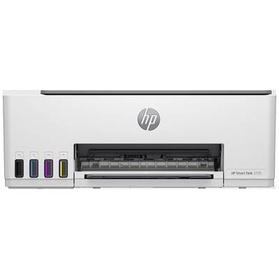 Ein weißer Drucker mit grauem HP-Logo in der Mitte. Links befinden sich vier Tintentanks in den Farben Schwarz, Cyan, Magenta und Gelb.