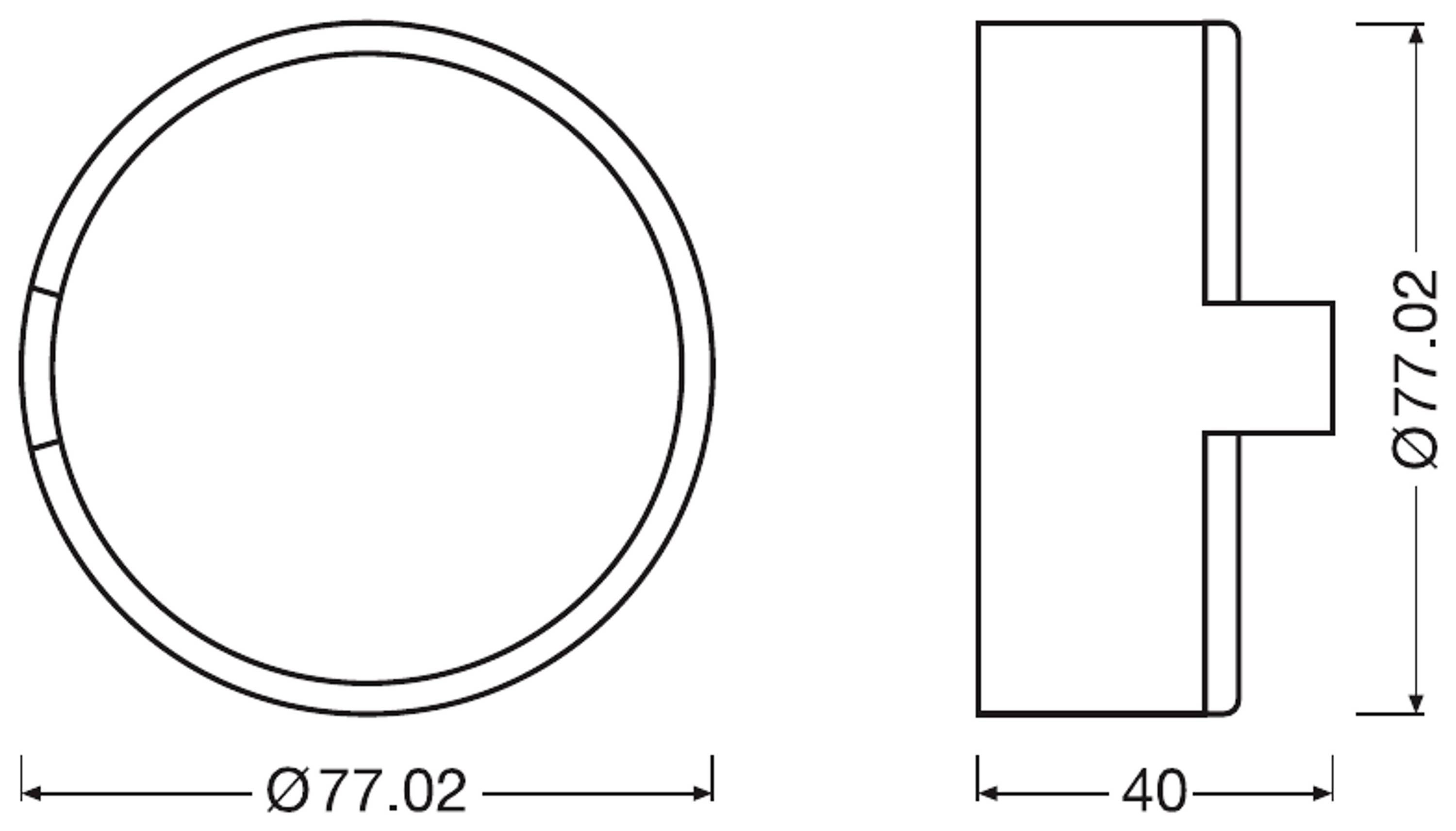 Vorderansicht und Seitenansicht einer zylindrischen Komponente. Durchmesser 77,02 mm, Tiefe 40 mm, mit Verbindungsstück seitlich.