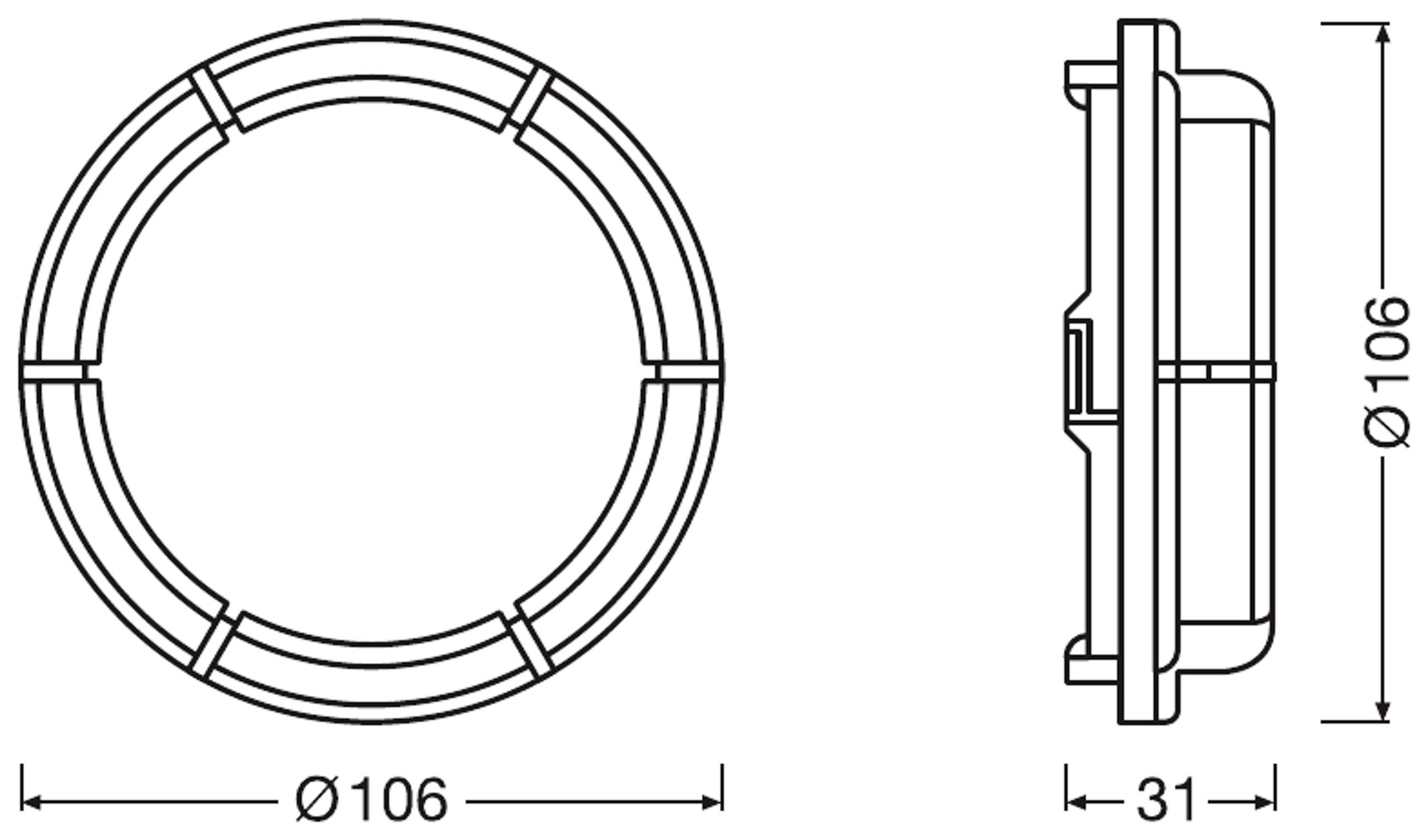 Technische Zeichnung eines runden Objekts mit einem Durchmesser von 106 mm und einer Tiefe von 31 mm, seitlich und frontal dargestellt.
