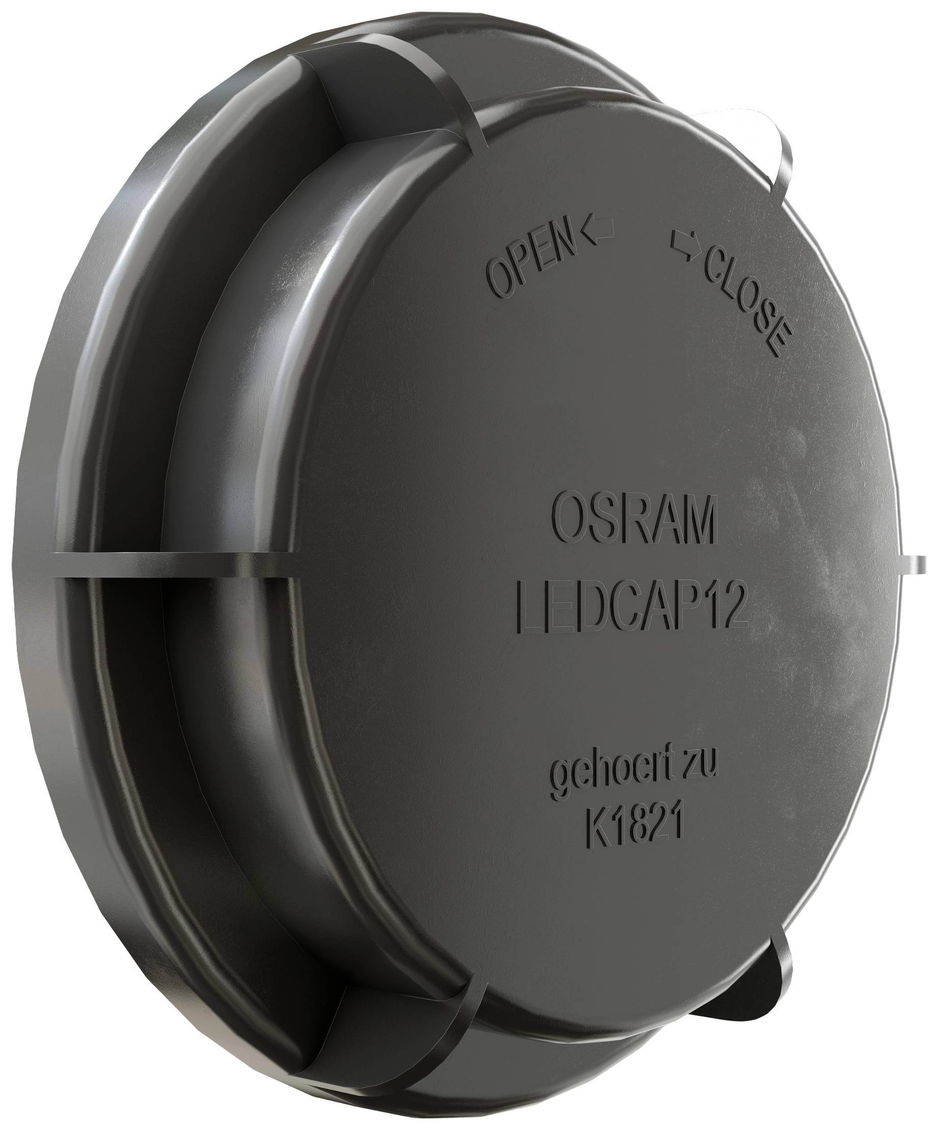 Grauer, runder Kunststoffdeckel mit Aufschrift 'OSRAM LEDCAP12' und Markierungen für 'OPEN' und 'CLOSE'.