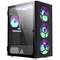 Ein Gaming-PC-Gehäuse mit mehreren RGB-Lüftern auf der Vorder- und Oberseite; transparentes Gehäuse zeigt Innenansicht.