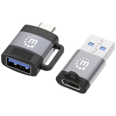 Zwei Adapter: links USB-A-zu-USB-C, rechts USB-C-zu-USB-A, grau mit schwarzem Rand. Beide tragen ein 'm'-Logo in einem Kreis.