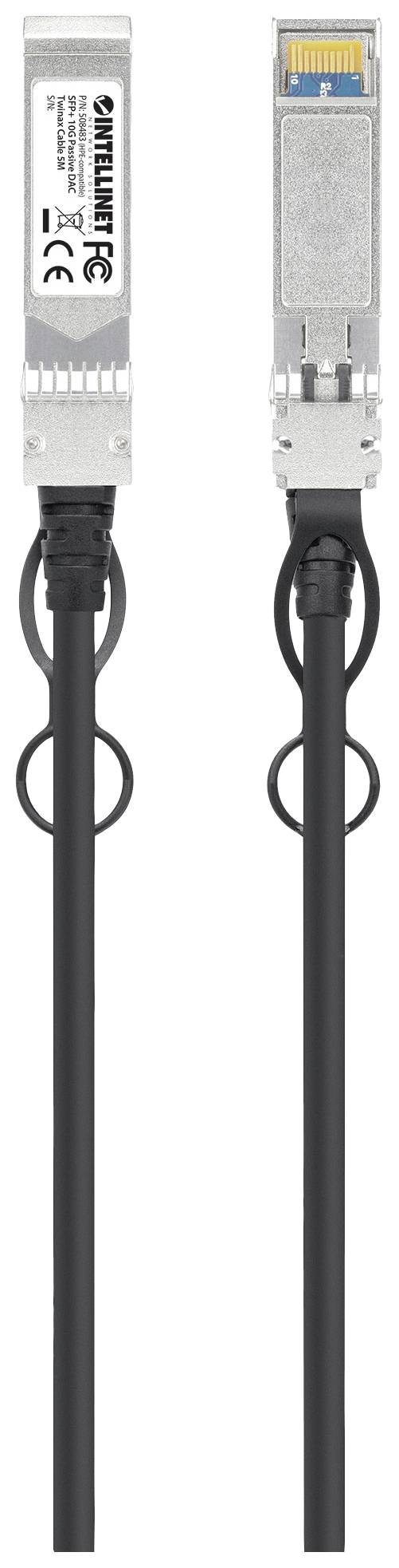 Zwei optische SFP-Module mit schwarzen Kabeln und Metallgehäusen, geeignet für Netzwerkverbindungen.