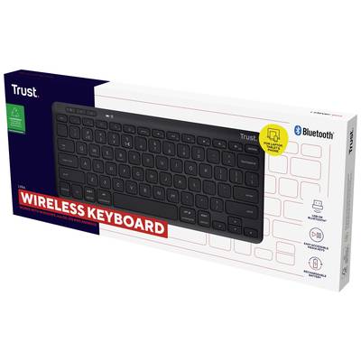 Kabellose Tastatur von Trust in Verpackung. Informationen: kompatibel mit Windows, MacOS, Android; Bluetooth-Verbindung; für Laptop und PC geeignet.